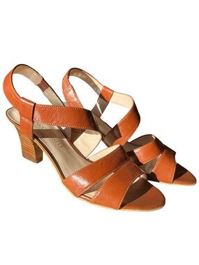 Franco Sarto Leather Block Heel Sandals 7 Cognac Brown